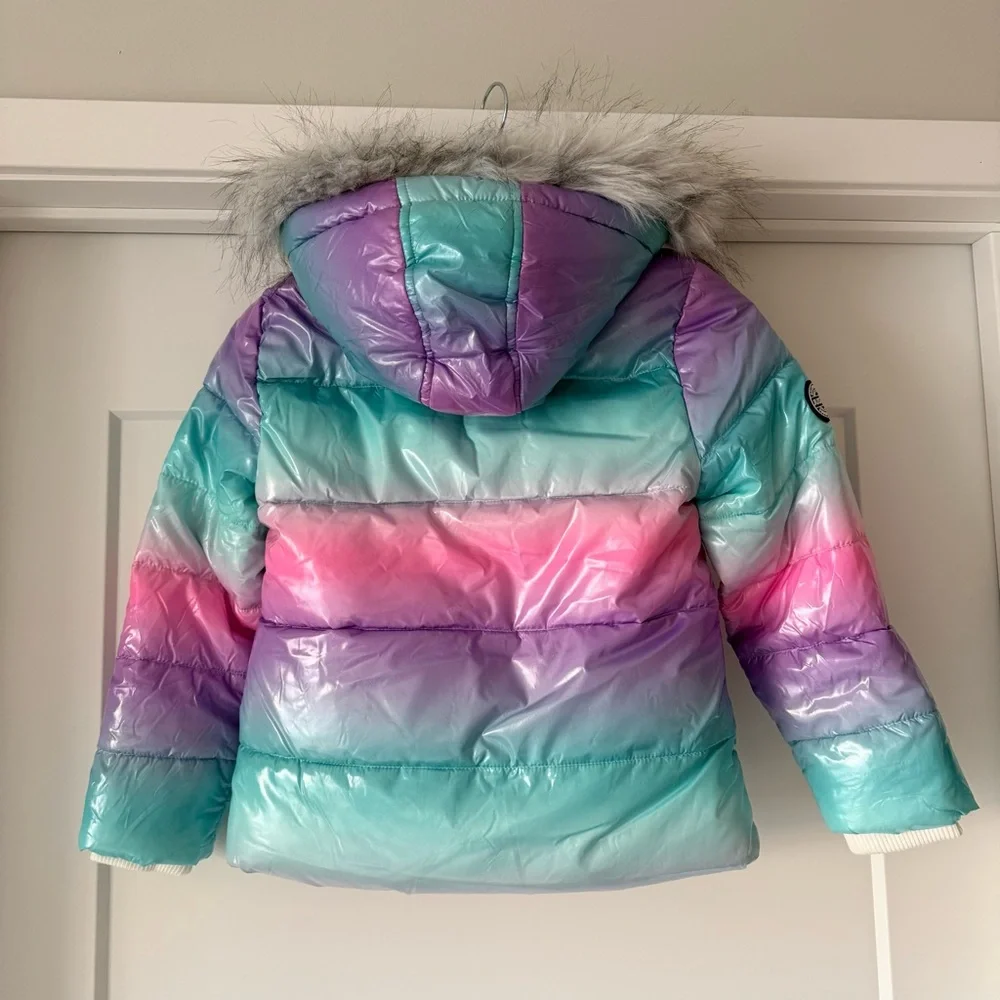 NWT-Girls Justice Sparkle Sherpa Classic Puffer Jacket Faux Fur Hood Sz 5/6 XS